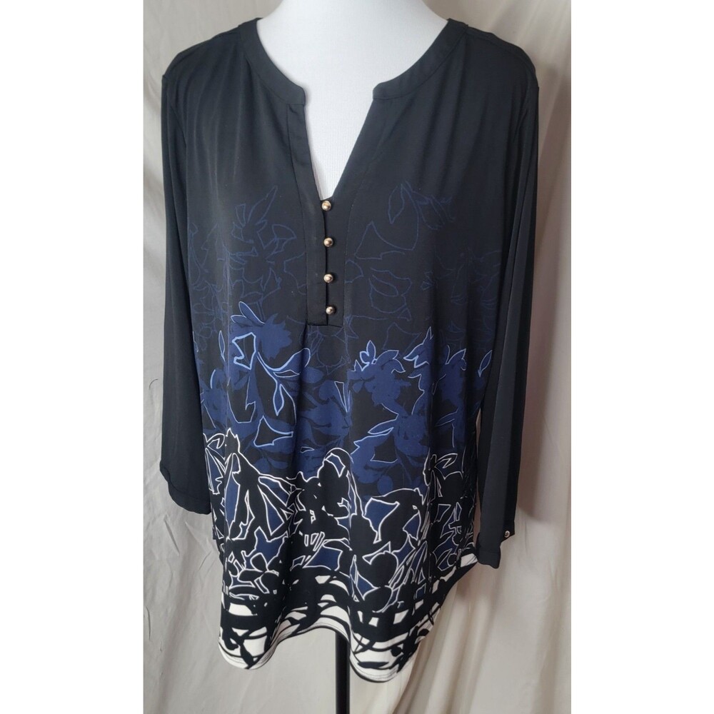 Dana Buchman Womens XL Black White Blue Print Long Sleeve Blouse